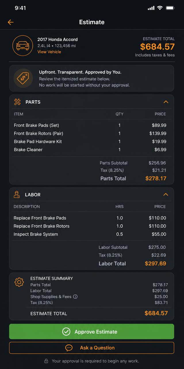 Upfront cost estimate app screen