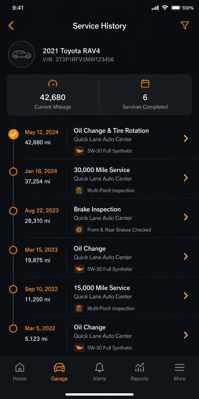 Service-history log app screen