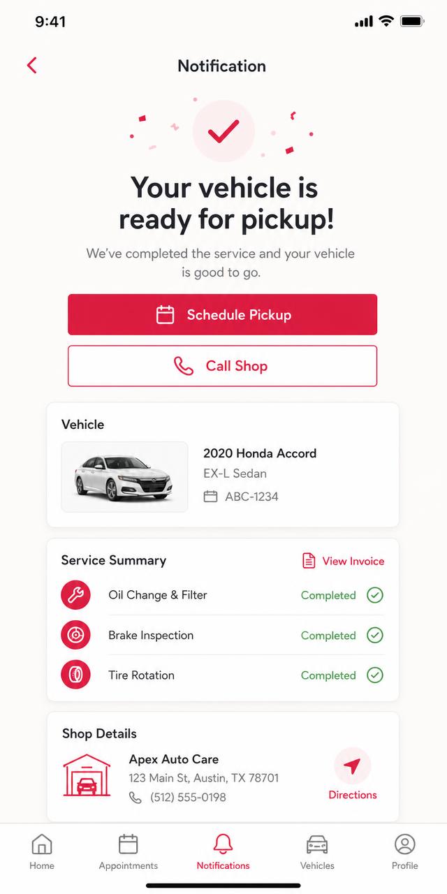 Pickup-ready notification app screen