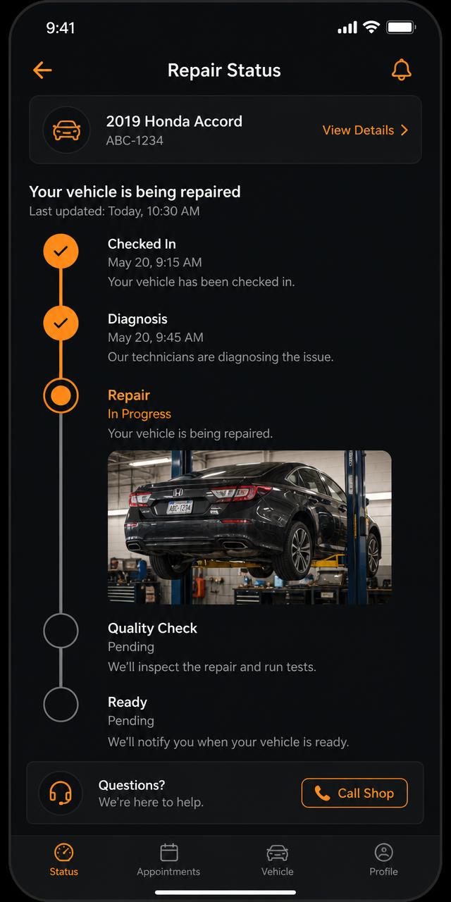 Live repair status with photos app screen